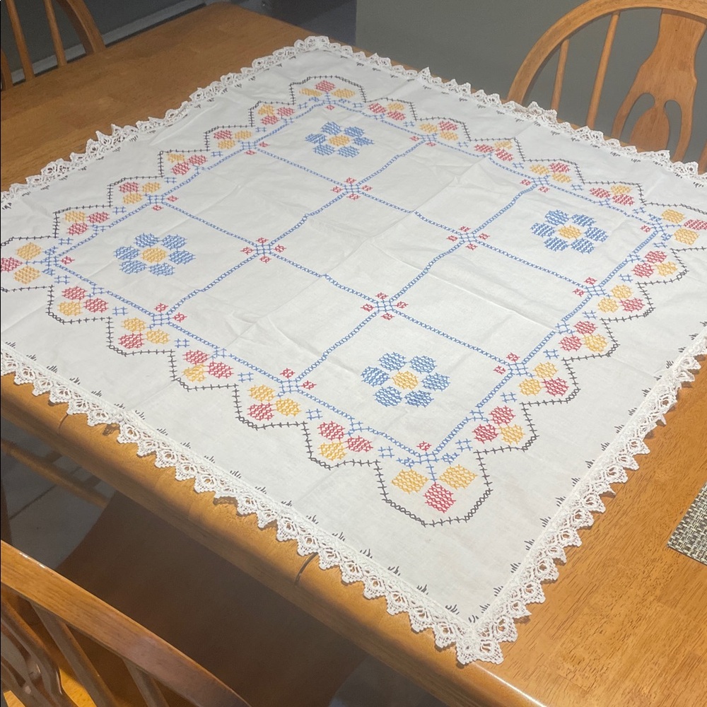 Embroidered Floral Square Tablecloth with Crochet Edge